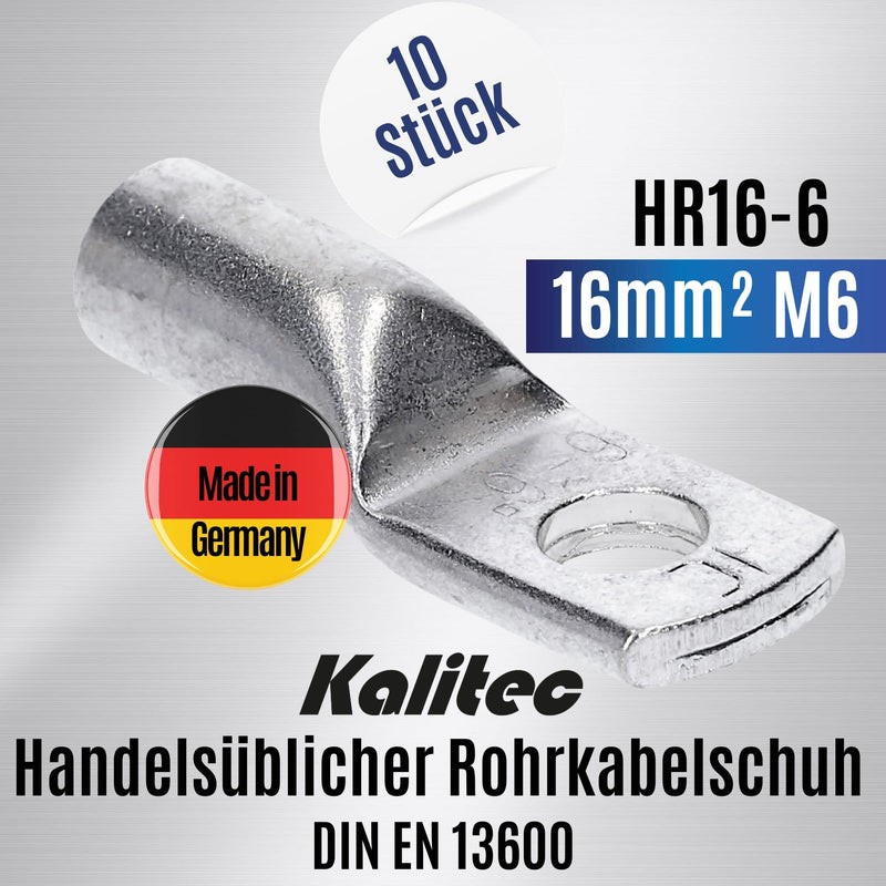 Pack of 10 Kalitec HR16-6 standard tubular cable lugs 16mm² M6 I without viewing hole I Made in Germany