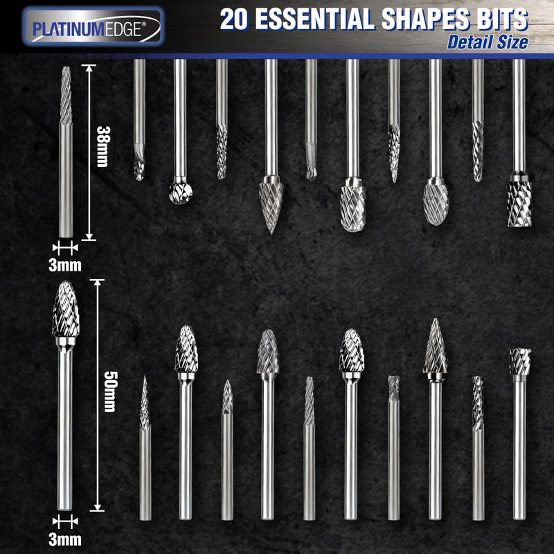 PLATINUMEDGE 20-Piece Carbide Burr Set, Double Cut Tungsten Carbide Rotary Bits with 1/8" Shank – High-Speed Metal Grinding, Carving, Polishing & Engraving for Wood, Stone, Steel, Plastic