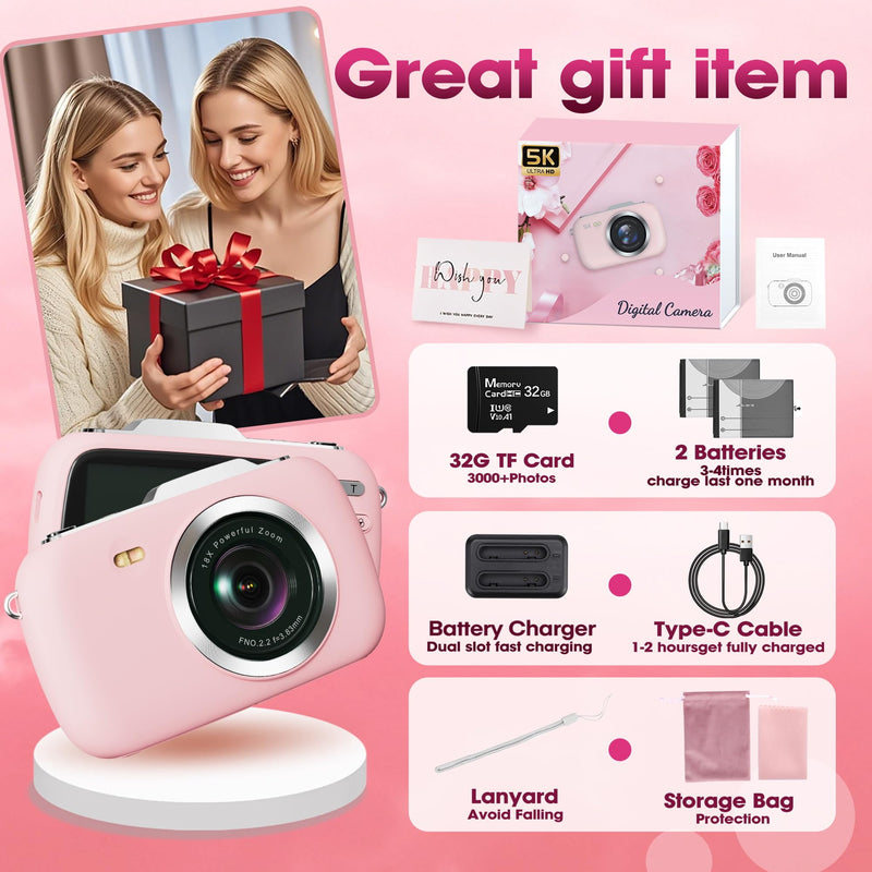 Digital Camera, 5K Vlogging Camera for Photography, 80MP Autofocus Point and Shoot Digital Camera for Beginner Teens Kids, 18X Zoom Portable Compact Travel Camera, Flash, 32GB Card & 2 Batteries(Pink)