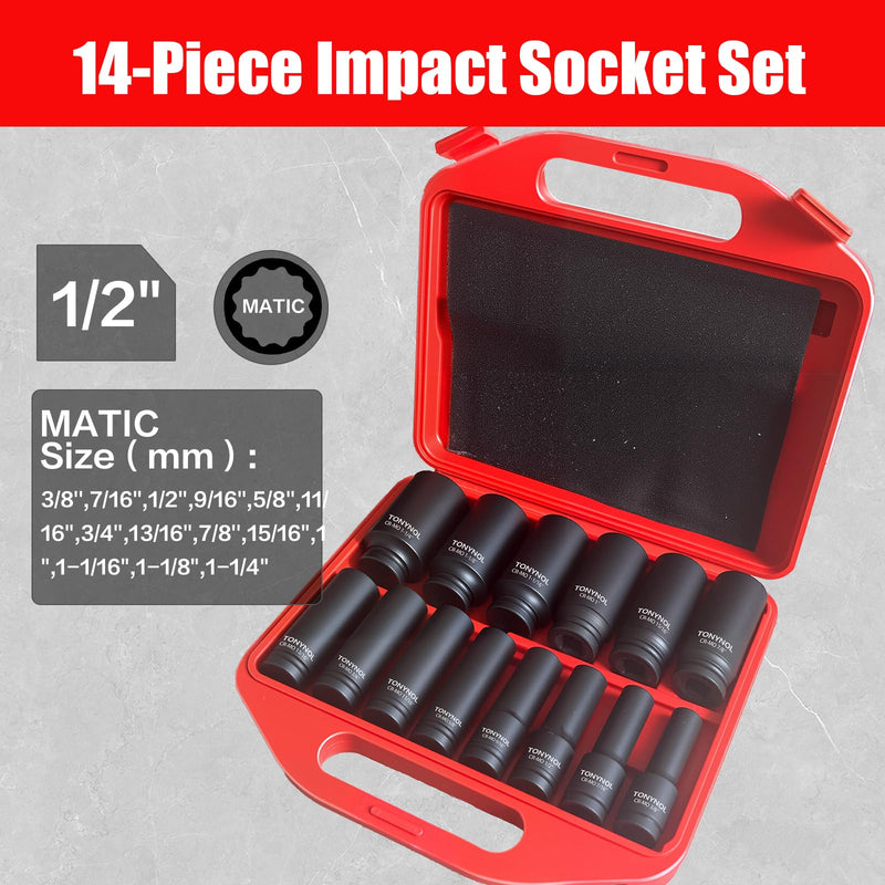 1/2 Inch Deep Drive Impact Socket Set,12-Point,SAE(3/8" to 1-1/4"),14 Pcs,Cr-Mo Steel,With a Storage Case