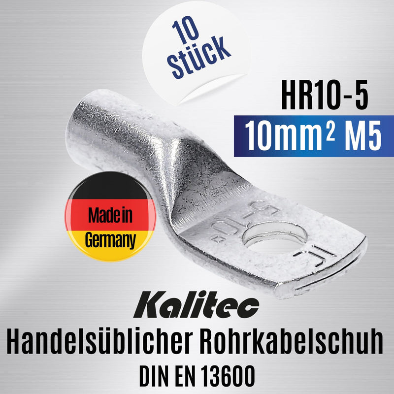 Pack of 10 Kalitec HR10-5 standard tubular cable lugs 10mm² M5 I without viewing hole I Made in Germany