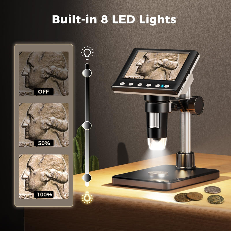 4.3 Inch LCD Digital Coin Microscope, 1000X USB Magnifier with 8 Adjustable LED Lights for Coin Inspection, Electronics Repair, Soldering, Windows/Mac Compatible, 1080P