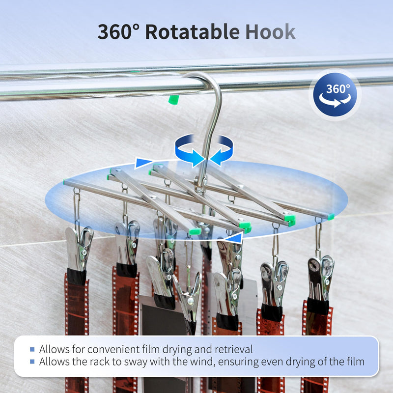 JJC Darkroom 35mm 120 Film Drying Hanging Rack with 10 Clips, Foldable Hanger Windproof for 135, 120, 4x5” Film, Darkroom Developing Accessories