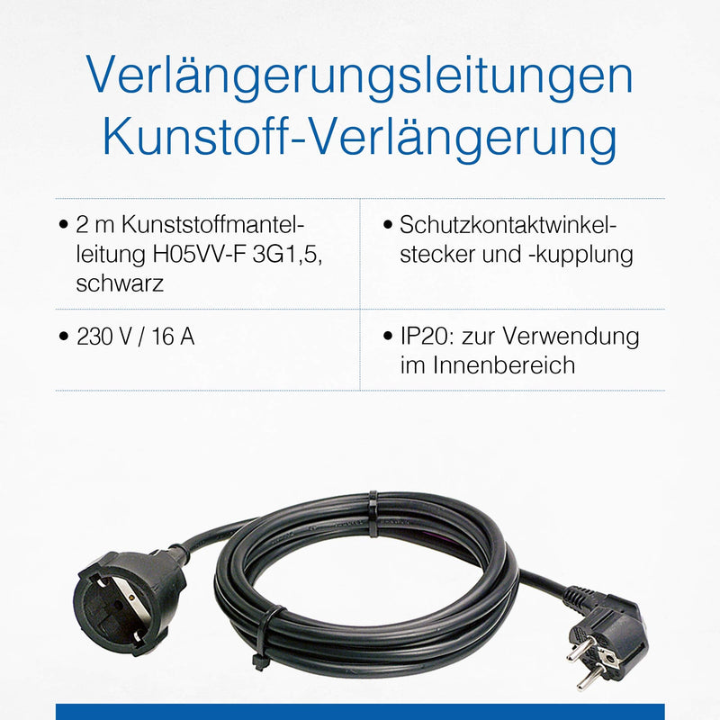 as - Schwabe plastic extension - 2 m PVC cable with earthing contact plug & earthing contact coupling - 230 V / 16 A Schuko extension cable with plastic coating - IP20 - black I 50202