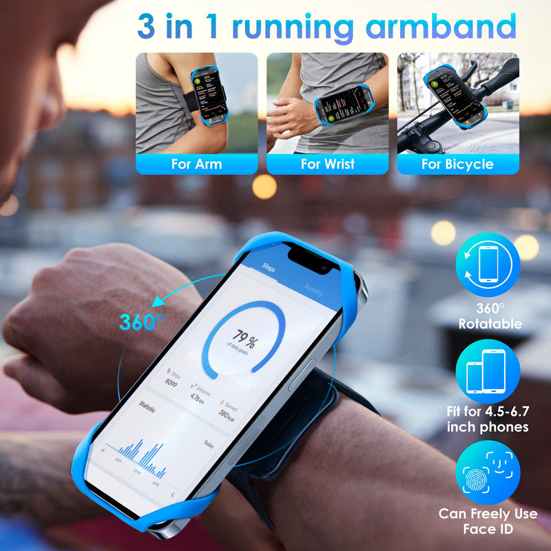 Running Armband, 3 in 1 Running Phone Holder Sports Armband Bicycle Phone Holder 360° Rotatable & Detachable Running Phone Armband for 4.5-9'' iPhone Huawei for Gym Running Hiking Blue