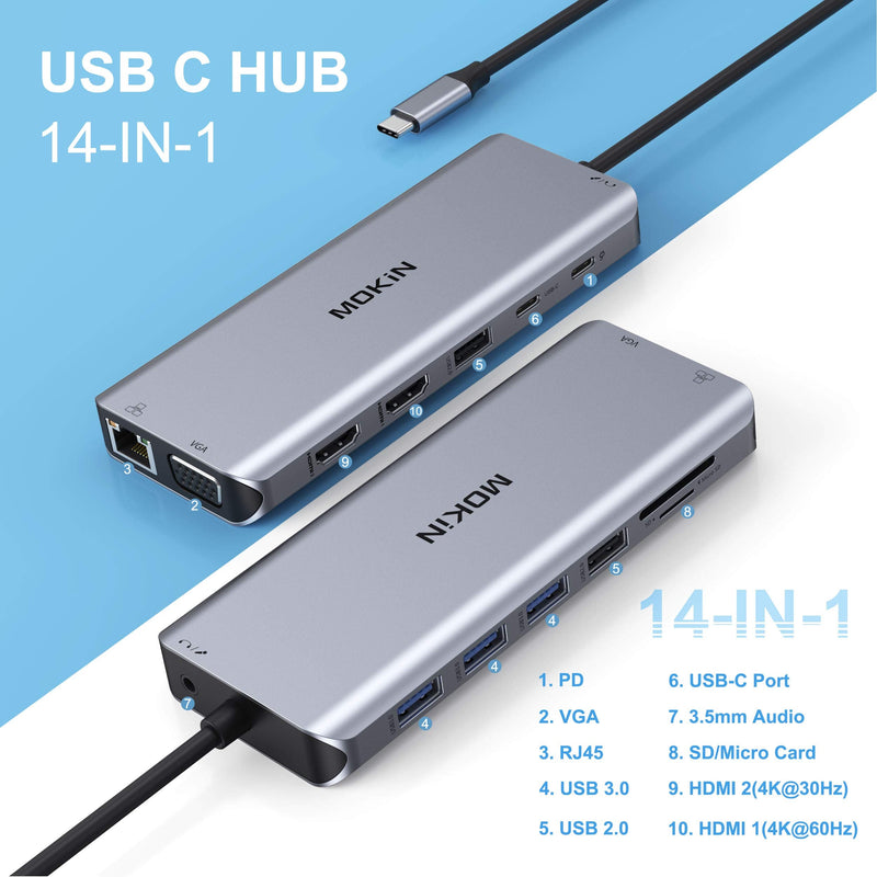 14 in 1 USB-C Docking Station - Dual Monitor Laptop Dock with 2 HDMI, VGA, 5 USB, SD/TF for Dell/Surface/HP/Lenovo Laptops 14 in 1（2 HDMI+VGA）