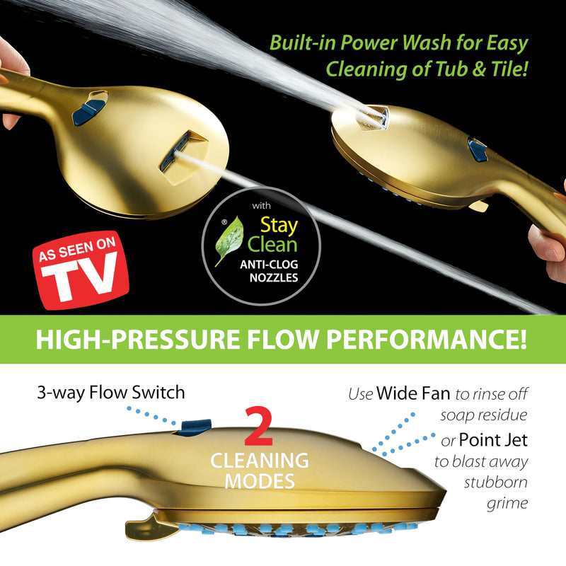 AquaCare High Pressure 8-mode Handheld Shower Head - Anti-clog Nozzles, Built-in Power Wash to Clean Tub, Tile & Pets, Extra Long 6 ft. Stainless Steel Hose, Wall & Overhead Brackets Modern Gold