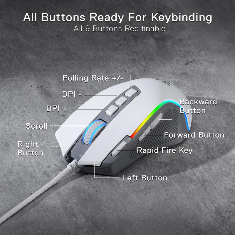 Redragon M612 RGB Gaming Mouse, 8000 DPI Wired Optical Gamer Mouse with 9 Programmable Buttons & 5 Backlit Modes, Software Supports DIY Keybinds Rapid Fire Button, Gray&White