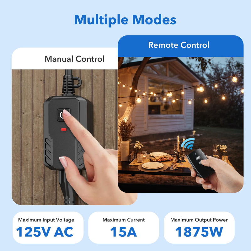 BN-LINK Outdoor Remote Control Outlet Plug Black,Indoor Wireless Outlet Switch Weatherproof Heavy Duty 15A 3-Prong 6-inch Cord 100Ft Range,3Pack(Battery Included) 1 Outlet, 1 Remote,3 Pack