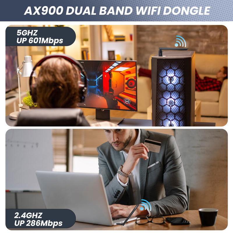 SUMEE 2-in-1 USB Bluetooth 5.4 & WiFi 6 Adapter for PC Desktop, AX900Mbps Dual-Band 5GHz/2.4GHz, 6dBi High Gain Antenna, Wireless Transmitter/Receiver, Plug & Play for Windows 10/11/7 BT5.4+WIFI
