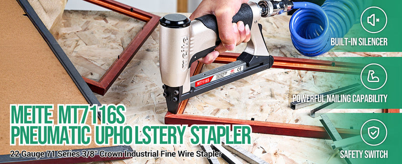 meite MT7116S Pneumatic Upholstery Stapler 22 Gauge 71 Series 3/8" Crown Industrial Fine Wire Stapler with Safety Built-in