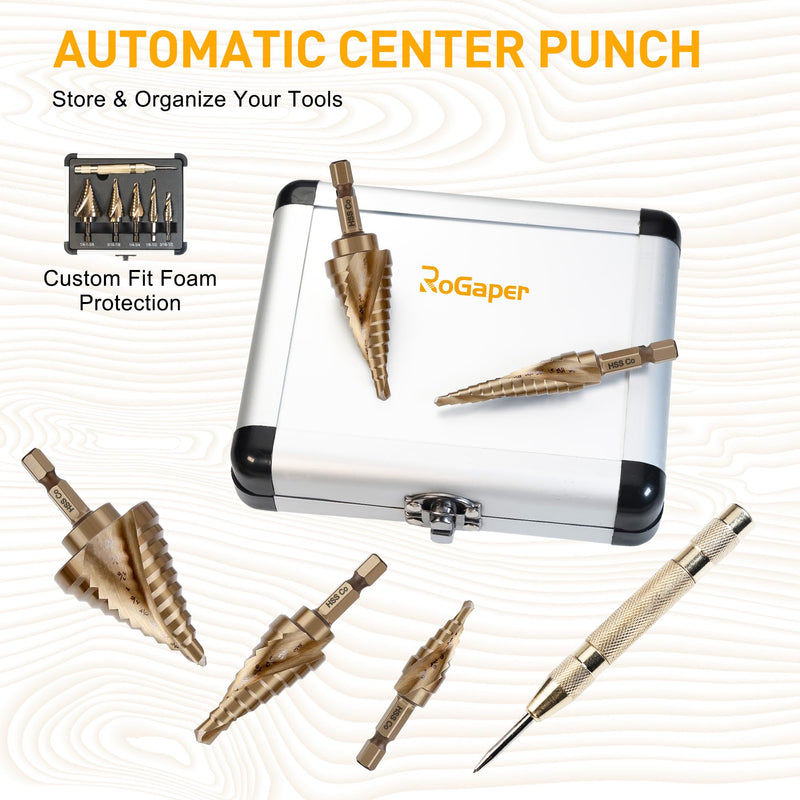 6PC Cobalt Step Drill Bit Set, Hex Shank Step Drill with Two Spiral Flutes and Automatic Center Punch for Metal, Stainless Steel, Aluminum, Wood, and Plastic with Aluminum Case, 50 Sizes M35-6PC