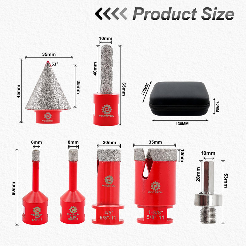 FOCSTOL Diamond Core Drill Bit Set - 7pcs (6/8/20/35mm+10mm Finger Milling Bit+35mm Beveling Chamfer Bit+HEX) Diamond Hole Saw Kit for Porcelain Ceramic Tile Marble Granite KIT9