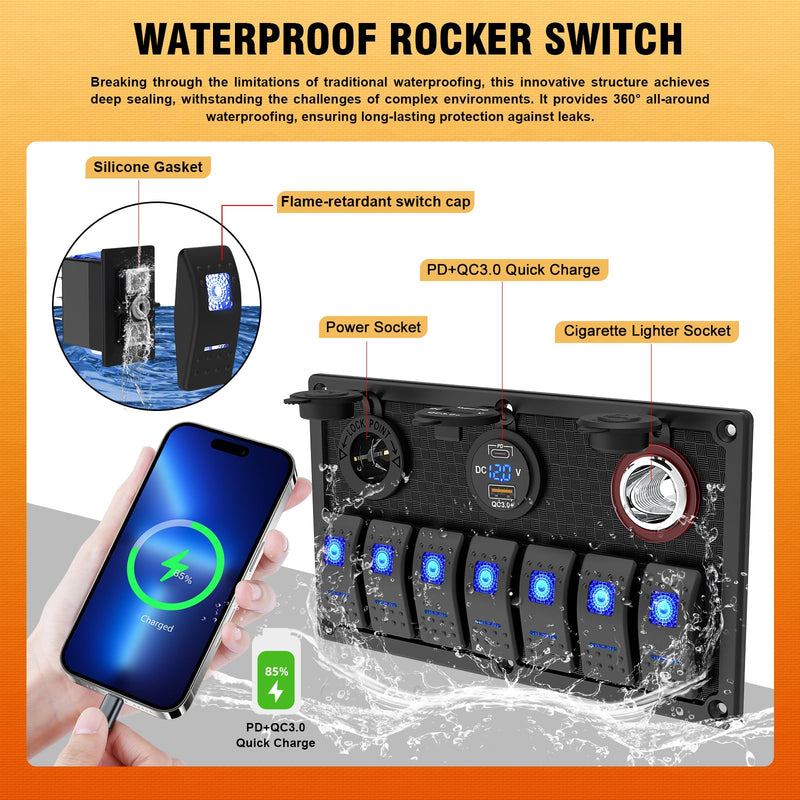 7 Gang Boat Switch Panel Waterproof, Marine Rocker Switch Panel 12-24V with Dual USB Charger and Fuse, Suitable for RV UTV Truck(On/Off Blue LED Plastic-LED blue 7 gang
