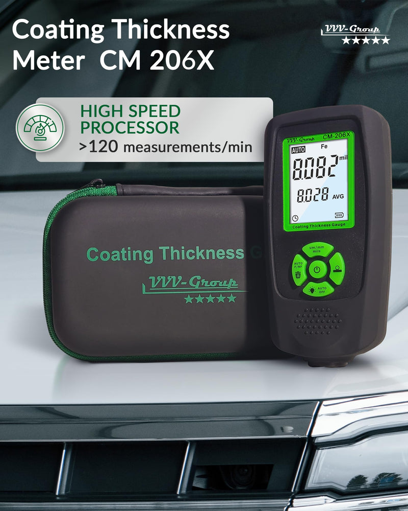 Paint Thickness Gauge – CM-206X Automotive Coating Thickness Meter 0–59.1 mils (0–1500 µm), 0.001 mils Resolution, Fe/NFe/Zn Auto Detection, Ruby Probe