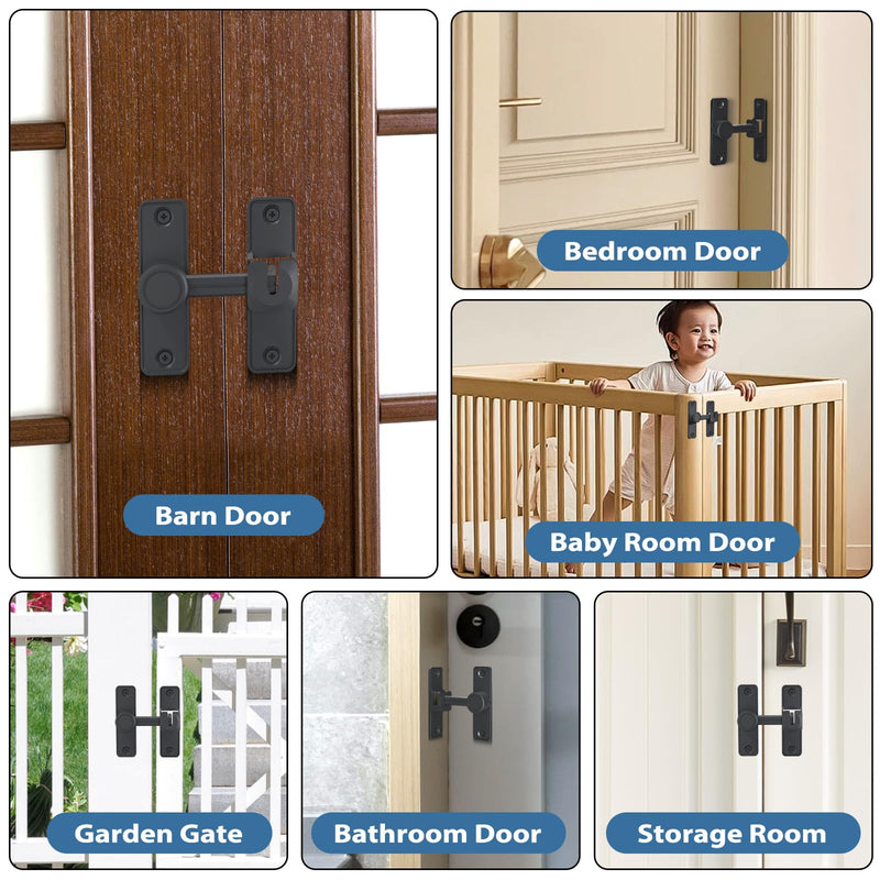 XOOL Barn Door Lock Latch, 90 & 180 Degree Heavy Duty Barn Door Latch, Lock Latch for Door, Garden, Bathroom, Garage, Window, Outdoor, Garage, Barn Black 2PCS