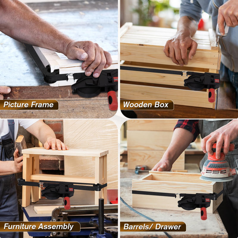 Sebupar 2 Pack Woodworking Band Clamps with 23 ft Variable Angle Strap Clamp, Corner Camp Picture Frame Clamps Fits for Square, Round/Irregular Shaped, Barrel