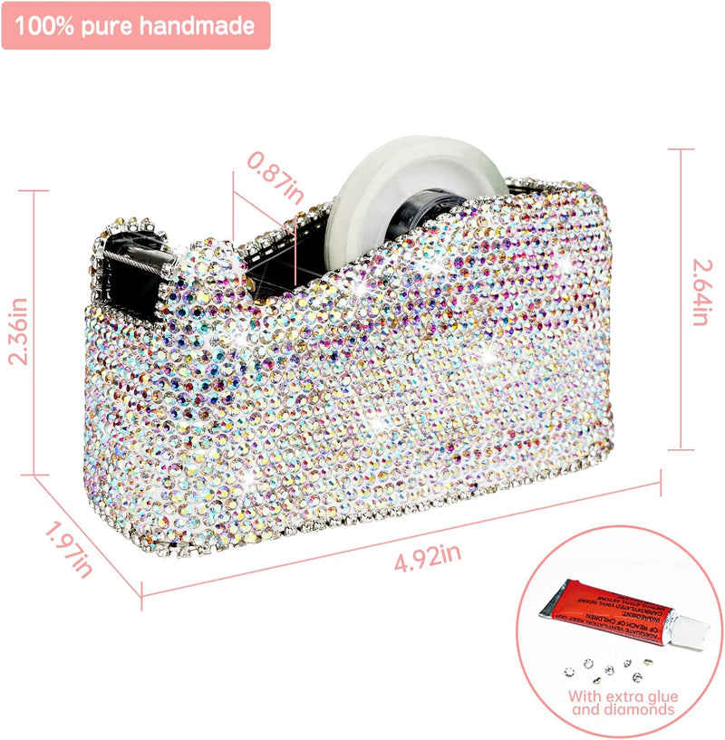 Bling Bling Crystal Luxury Handmade Diamond Desktop Tape Dispenser for Fashion Girls Women (White) 1.white