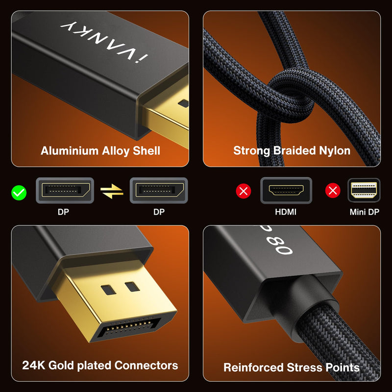 IVANKY 80Gbps 16K DisplayPort 2.1 Cable 10FT, 16K DP Cable 2.1, [16K@60Hz 8K@240Hz 4K@540Hz 480Hz 240Hz, HDR DSC], DP80 Display Cord Compatible with Monitor, Graphics 5090 7900XTX-10FT 10 Feet Black