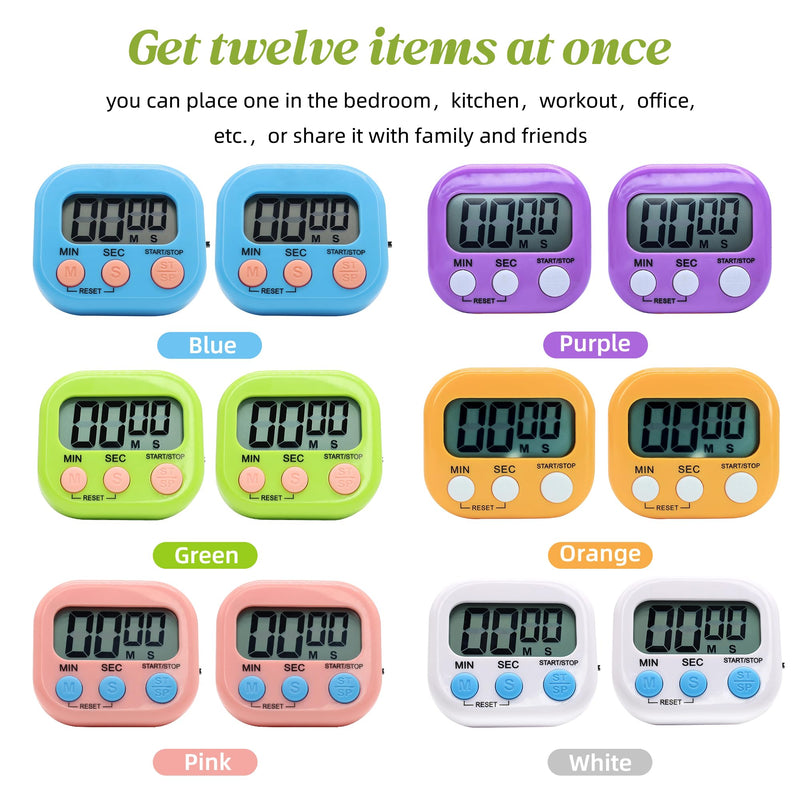 12 Pack Multi-Function Electronic Timer - Kitchen Timer,Magnetic Digital Timers,Big LCD Display, ON/Off Switch,Extensively Use in Cooking,Gym, Meeting, Classroom,Kitchen,Study,Work,Outdoor Activities 12