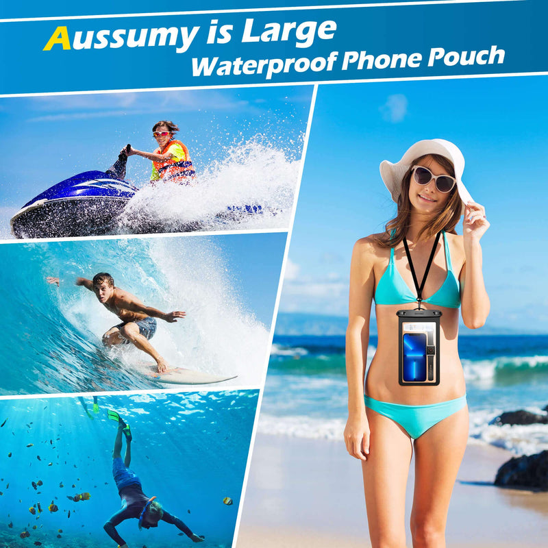 XL Large Waterproof Cell Phone Pouch 2-Pack: Underwater Clear Phone Holder Protector - Universal Water Proof Dry Bag Case with Neck Lanyard for iPhone, Samsung Galaxy, Beach, Swimming Pool Black+Black