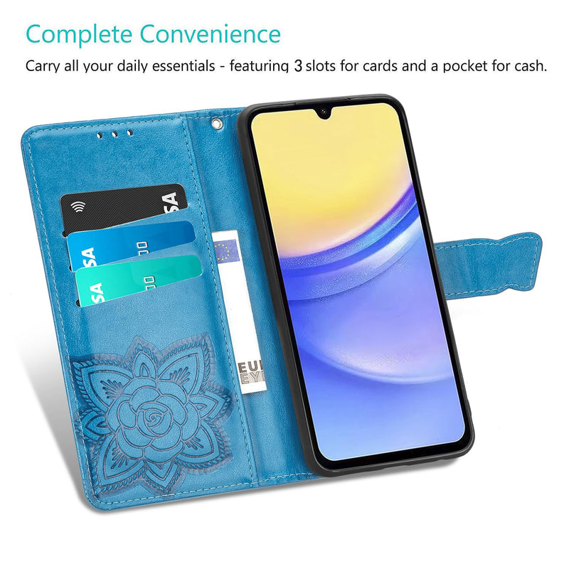 for Samsung Galaxy A15 Wallet Case, [Butterfly & Flower Embossed] Premium Leather Case Cover with Card Slots Kickstand Flip Case for Samsung Galaxy A15 (Blue) Blue
