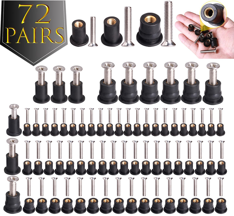 WEDAMER 72 Pairs M4 M5 M6 Neoprene Well Nuts with Stainless Steel Screw M5 Rubber Well Nuts Kayak Brass Copper Bolts Well Nut Kit for Kayak Motorcycle Boat Marine Windscreen Accessories (M4 M5 M6) M4/M5/M6 Each 24 Pairs