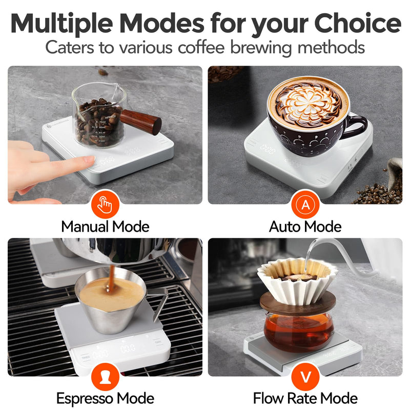 Rechargeable Mini Coffee Scale with Timer, 2kg/0.1g Precision Espresso Scale, Portable Coffee Weight Scale w/ 4 Modes for Espresso and Pour-Over Coffee (White) White