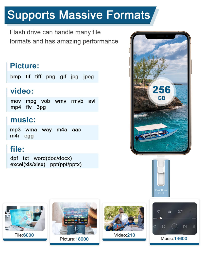 256GB USB Flash Drive for Phone and Pad, Photo Stick High Speed External USB Thumb Drives Photo Storage Memory Stick for Save More Photos and Videos (Blue, 256GB) Blue