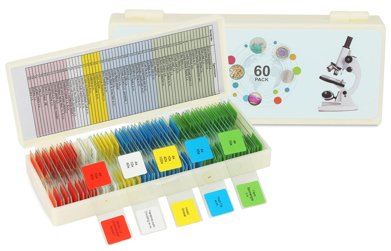 Microscope Slides with Specimens for Kids, 60 Lab-Grade Prepared Microscope Slides, Animal/Plant/Microbe/Tissue Samples, STEM Biology Kit for Homeschool, Classroom Labs & Science Education Ages 8+