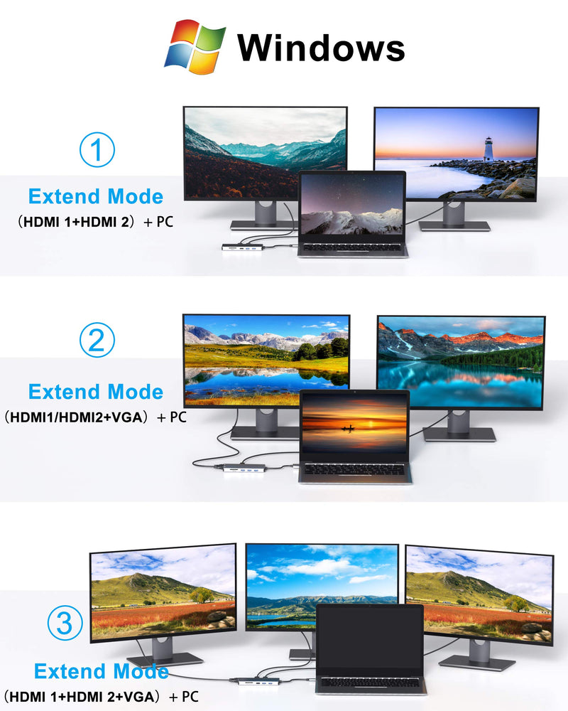 14 in 1 USB-C Docking Station - Dual Monitor Laptop Dock with 2 HDMI, VGA, 5 USB, SD/TF for Dell/Surface/HP/Lenovo Laptops 14 in 1（2 HDMI+VGA）