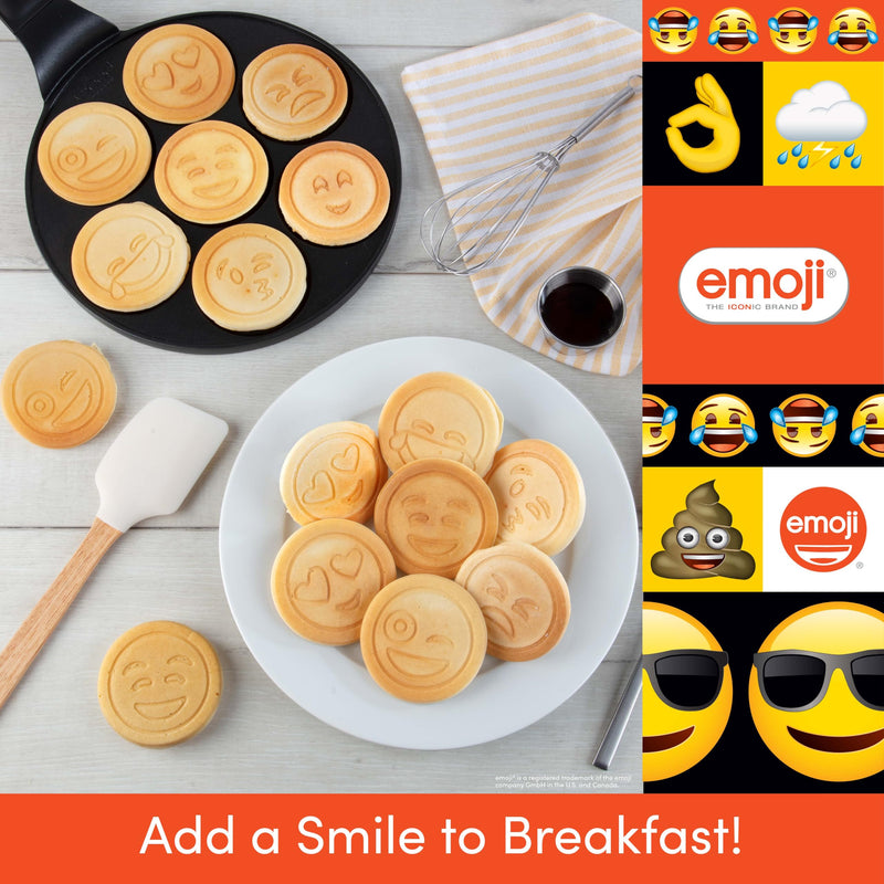 Official Emoji License Large Pancake Pan & Nonstick Griddle, 7 Mini Smiley Face Shapes, Heavy Duty Stovetop Skillet, Fun Pancake Maker for Kids Summer Breakfast, Sleepovers, Parties & Family Brunch