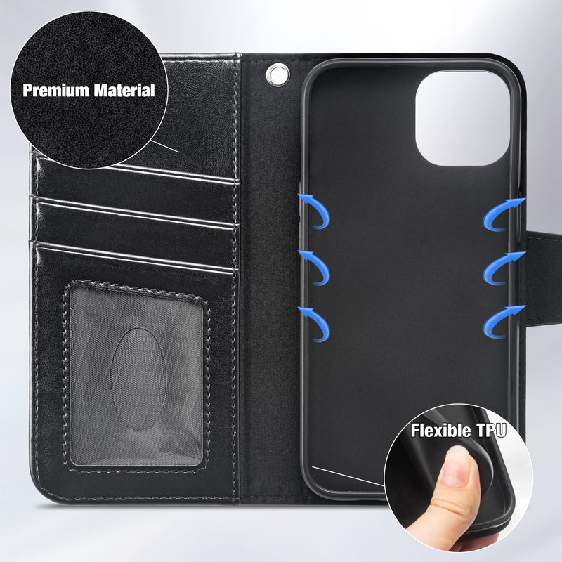 Arae Compatible with iPhone 14 Wallet Case with Card Holder and Wrist Strap Wallet Flip Cover for iPhone 14 6.1inch, Black iPhone 14 6.1 inch
