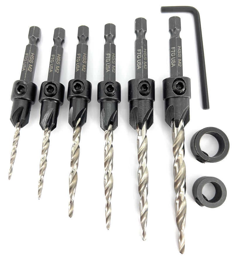 FTG USA Adjustable Wood Countersink Drill Bit Set 6 Pc Countersink Drill Bit #4#6#8#10#12#14 with Tapered Drill Bit with Depth Stop