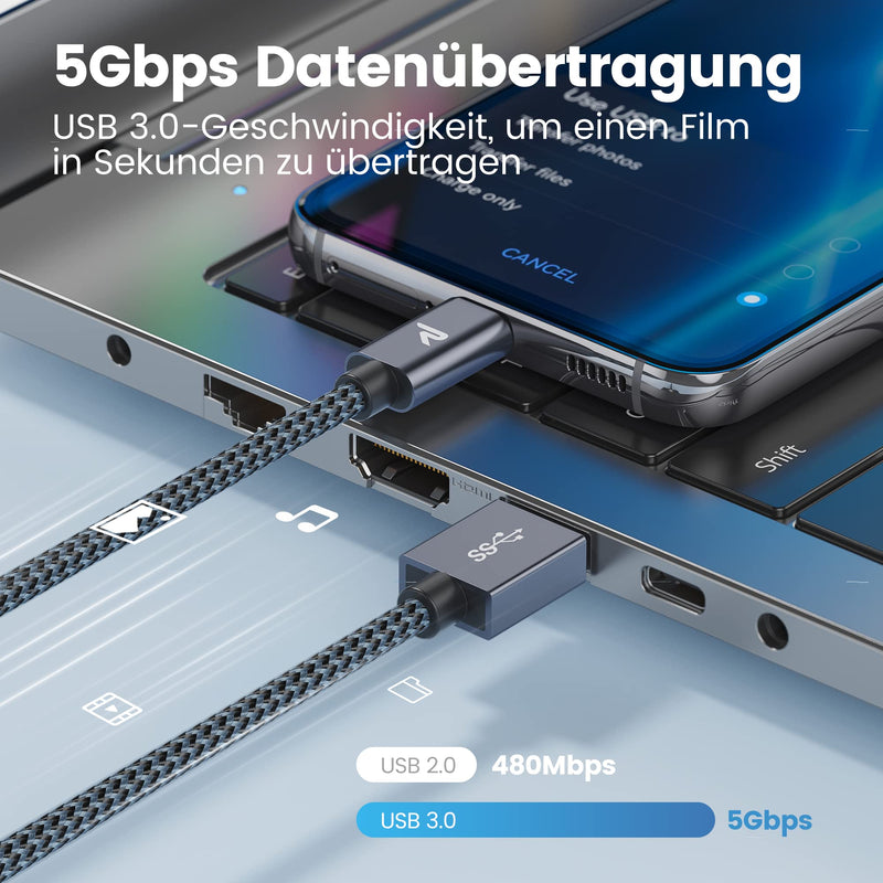 USB C cable RAMPOW, iPhone 15 charging cable, 3A fast charging cable USB C USB 3.0 & QC 3.0, charging cable USB C, data cable USB-C for iPhone 15/15 Pro, Samsung Galaxy S22/S21/S20/Note10-1M/Grey, Nylon 1M Gray