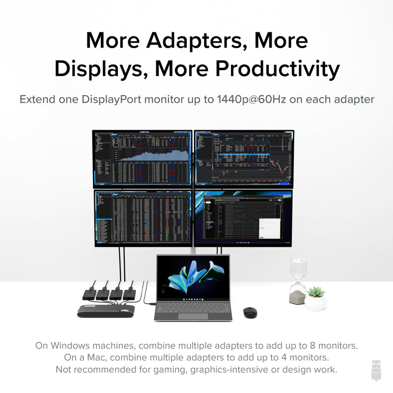 Plugable USB to DisplayPort Adapter. Connect one or More to Any Mac or Windows System to add Extra displays up to 1920x1080 60hz. USB C and A