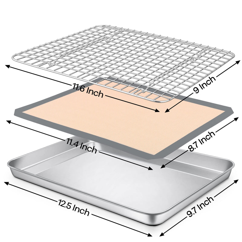 P&P CHEF 12.5 x 9.7 x 1 Inch Toaster Oven Pan with Grid Rack and Silicone Mat, Stainless Steel Toaster Oven Tray Baking Pan with Cooling Roasting Rack, Dishwasher Safe (3Pcs)