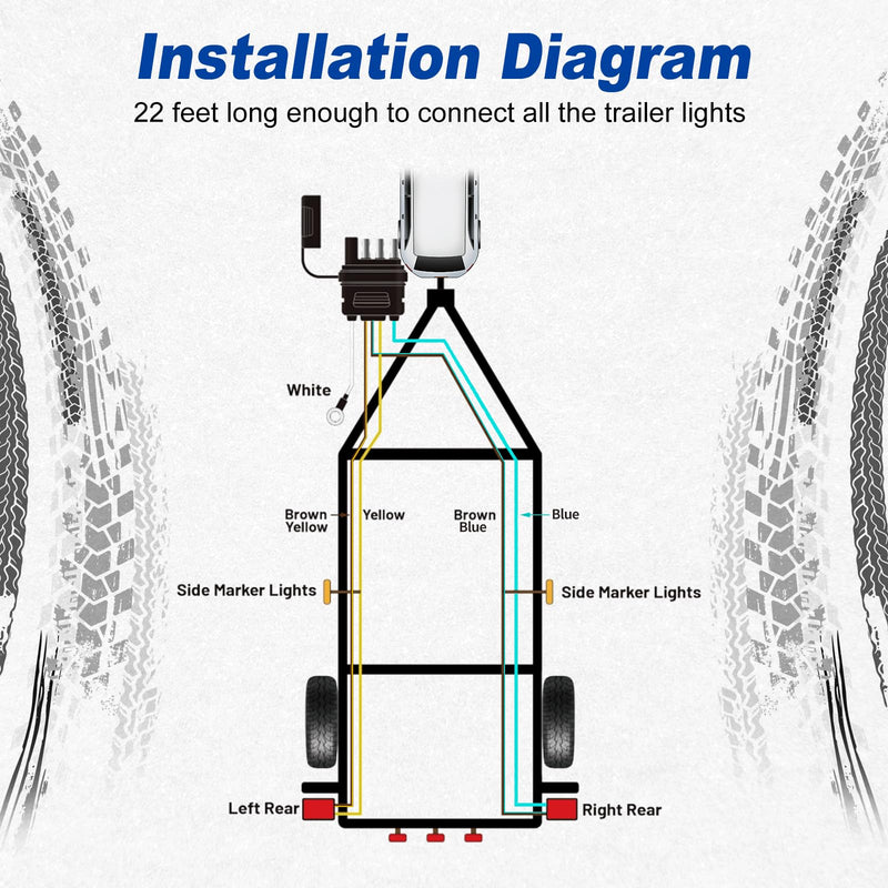 22 Ft 4-Pin 5-Wire Trailer Wiring Harness with Nylon Mesh Protection, A Trailer Light Kit Suitable for Re-Wiring The Tail Lights, Brake Lights, and Turn Signals on Trailers, Rvs, and Boats