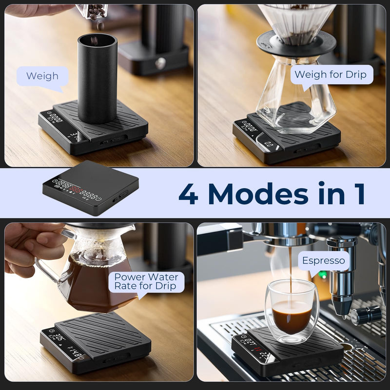 IKAPE Professional Coffee Scale with Timer, 2kg/0.1g High Precision Digital Scale, 4 Modes (Espresso/Pour Over Brew Ratio), LED Display, Auto-Tare, for Kitchen, Cooking, Espresso, Pour Over Coffee Black