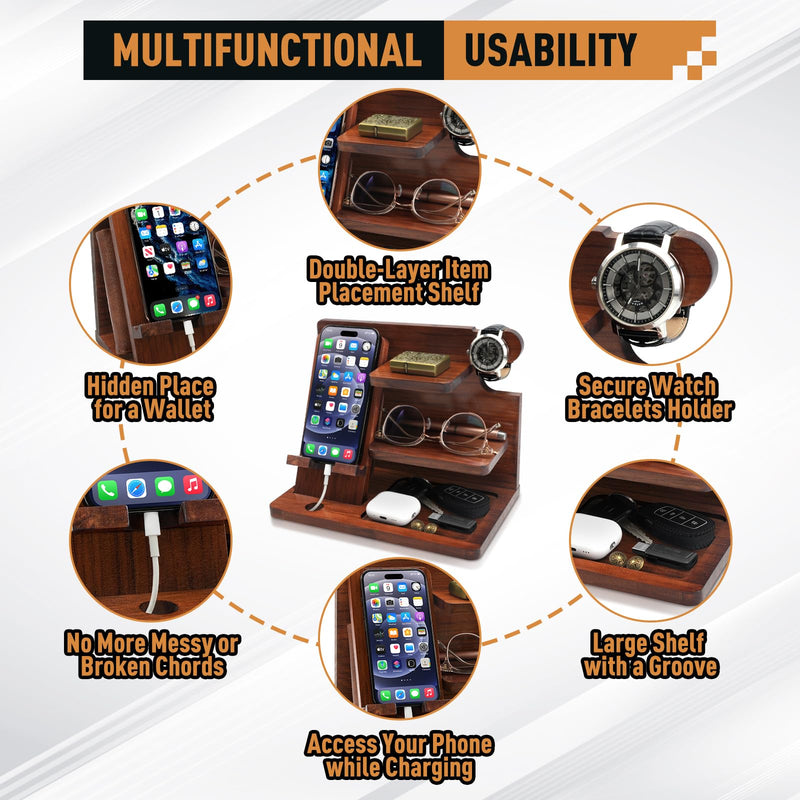 Wood Phone Docking Station for Men - Desk or Nightstand Organizer - Birthday Gifts for Husband, Dad - Anniversary Idea from Wife - Key Holder, Stand Wallet, Watch & Essentials