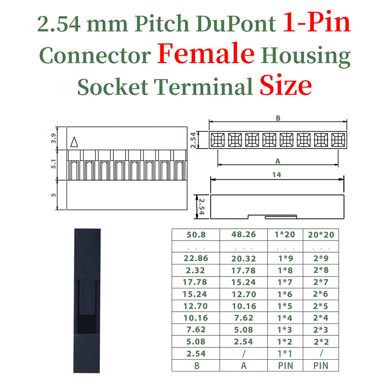 Pzsmocn 100 sets Dupont 2.54 mm pitch 1-pin plug adapter cable connector accessories. 200 pieces 2.54 mm pitch Dupont 1-pin plug housing female socket terminal, crimping pins kit. 1-Pin Female Single Row