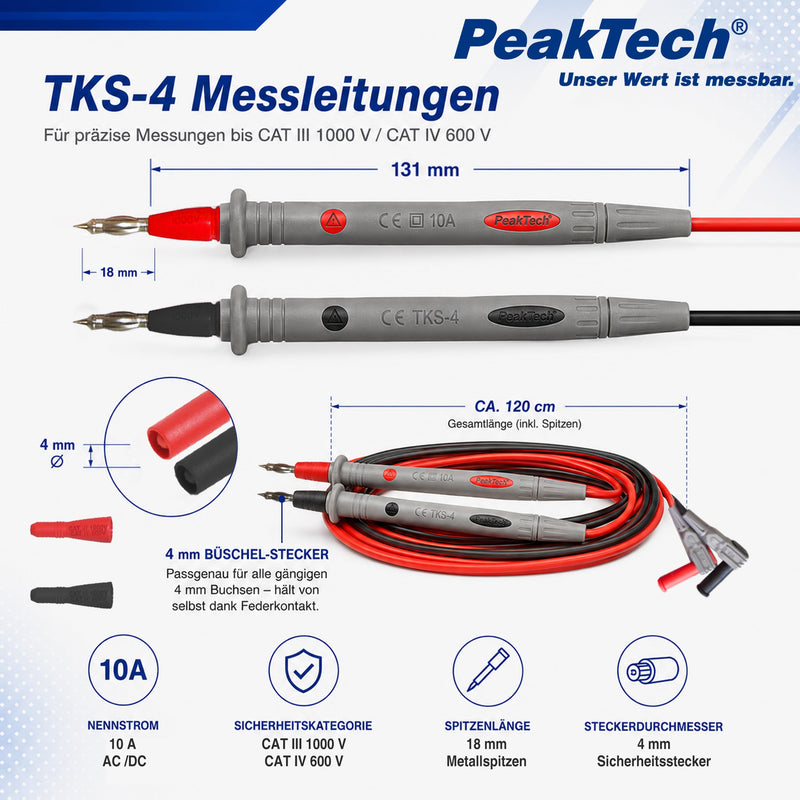 Peak Tech 1 Pair Flexible Multimeter Test Leads 120cm, Safety - Test Kit Cable, 1000V AC / DC, 10A, Cat III / IV, 1, TKS Pack of 4 TKS-4