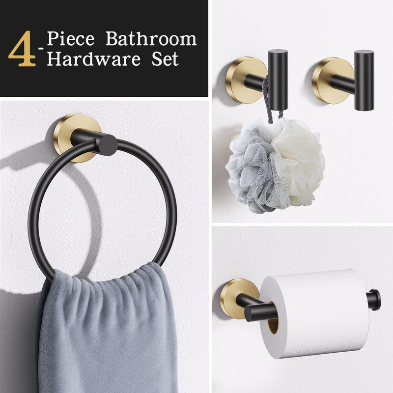 Lairuier Bathroom Hardware Set, 4-Piece Towel Holder Set Include Toilet Paper Holder,Towel Ring and 2 Towel Hooks Stainless Steel Wall Mounted Bathroom Hardware Accessories Set (Black and Gold) Black Gold Set A