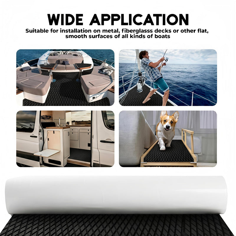 FOCEAN Boat Flooring - EVA Foam Sea Boat Decking Small Diamond Marine Deck Mats for Bass Boats Pontoon Boats Jon Boats RV Yacht Kayak Floor Black 94" * 15"