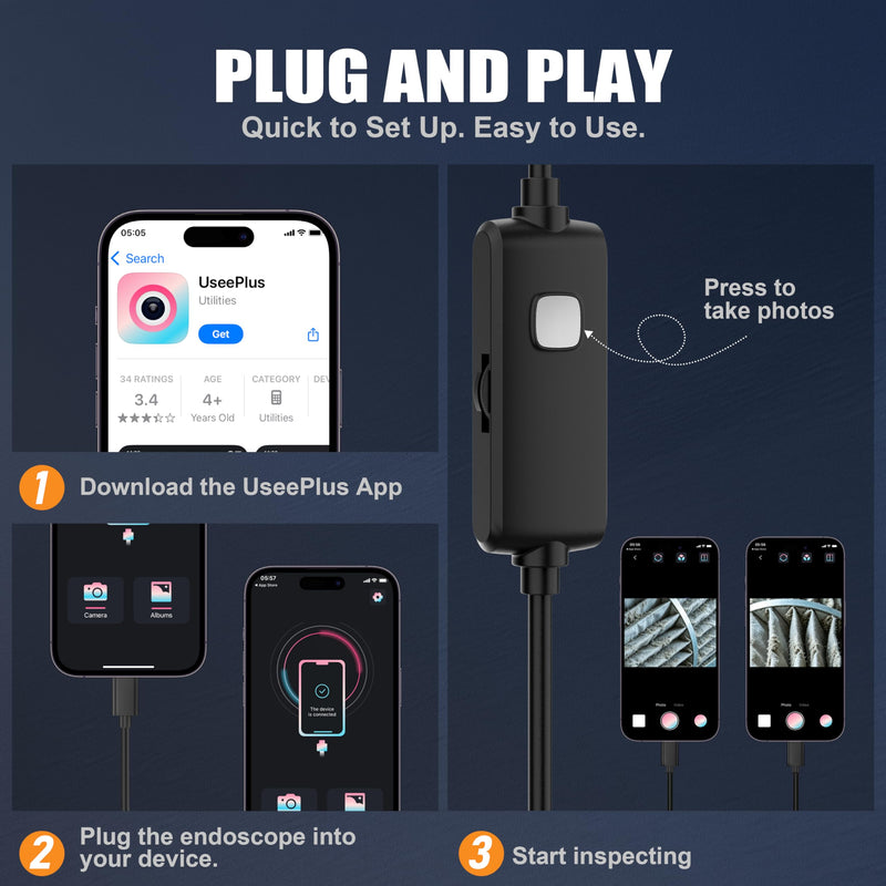 Endoscope Camera with Light, 1920P HD Borescope Inspection Camera with 16.4FT Semi-Rigid Snake Cable, IP67 Waterproof Endoscope with Adjustable LED Lights for iOS and Android