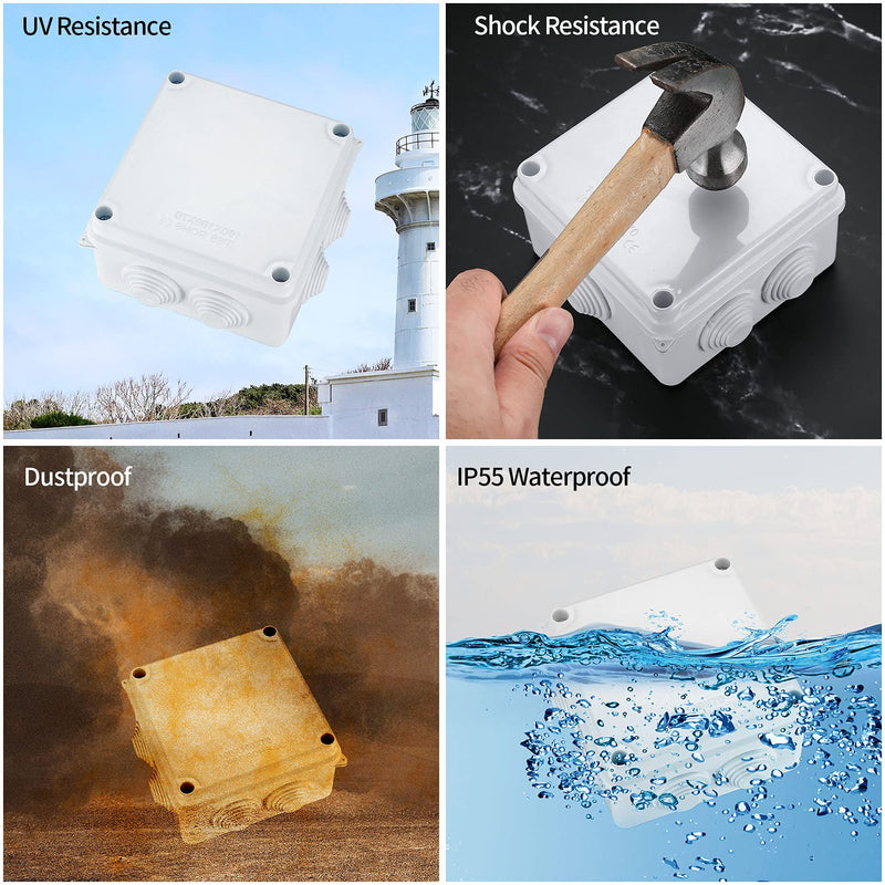 Pack of 2 junction boxes, waterproof IP65, electrical junction box, surface-mounted plastic junction box, plug screw connection, electrical box, cable junction box, junction box, white