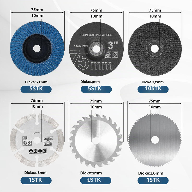 Set of 23 75 mm Cutting Discs & Flap Discs Set, Bore Diameter 10 mm, Angle Grinder Accessories for Mini Angle Grinders, Cutting, Polishing, Grinding of Metal, Wood, Plastic