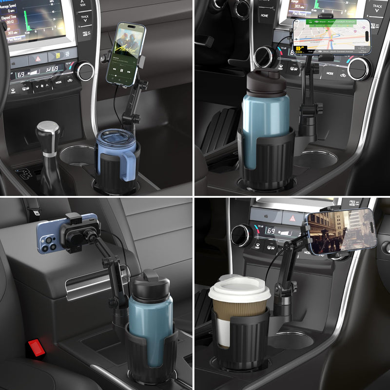 Wireless Car Charger Phone Mount Cup Holder, 3 in 1 15W Fast Charging Auto Clamping Cup Holder Expander for Car, Phone Holders for Your Car CupHolder Wireless Charger Compatible for All Smartphones