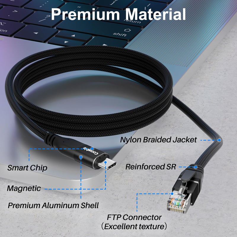 Magnetic USB C to Ethernet Cable 25FT, USB Type-C to RJ45 Braided Cable, Gigabit, Directly Connected, Compatible with MacBook, iPad Pro, XPS, Surface Pro, Laptop, PC with 2 USB-C Plugs and 1 Holder