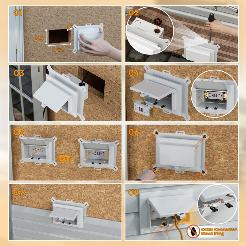 Recessed Outlet Box, DBHS1W-1 Low Profile Electrical Outlet Boxes, Wall Plate Kit for New Vinyl Siding, Enclosed Weatherproof Pack with Duplex & Decorator Style Covers, 1-Gang, Horizontal, White White, Horizontal